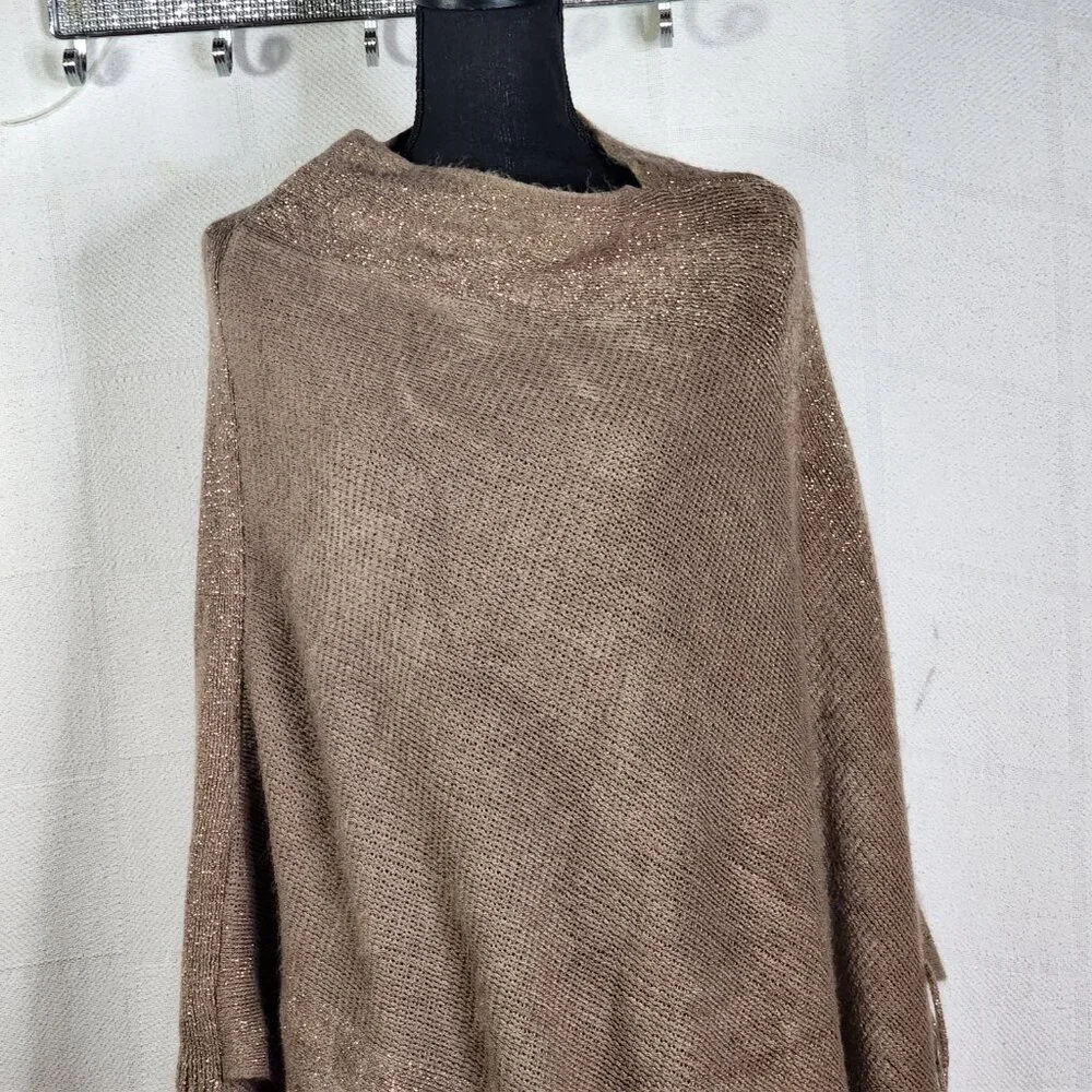 Unbranded Womens Dark Tan with Gold Metallic Trim Acrylic Sweater Poncho OSFM - Picture 3 of 16